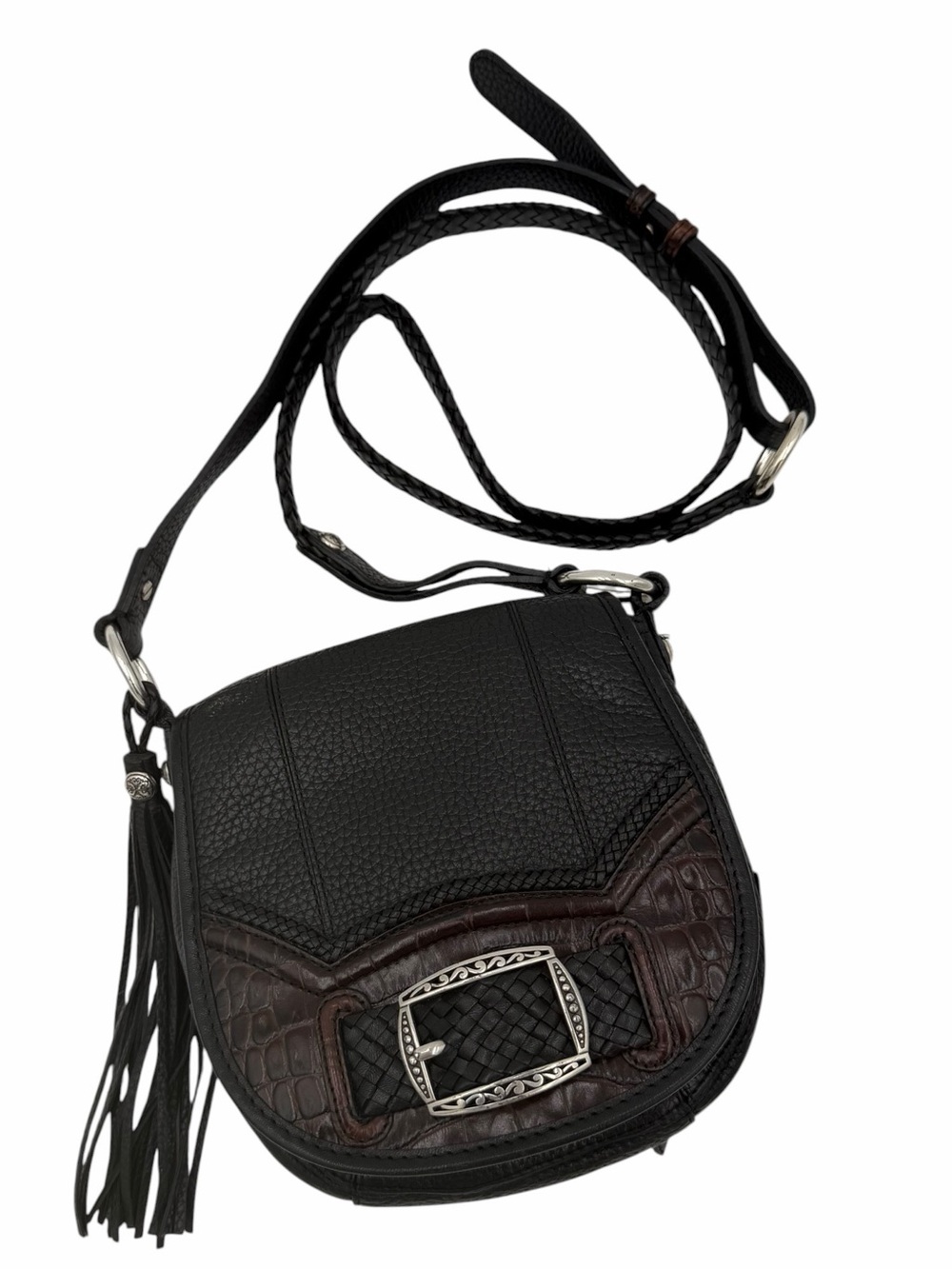 Vintage Brighton Leather Saddle Crossbody Bag Black Brown Croc Embossed Fringe